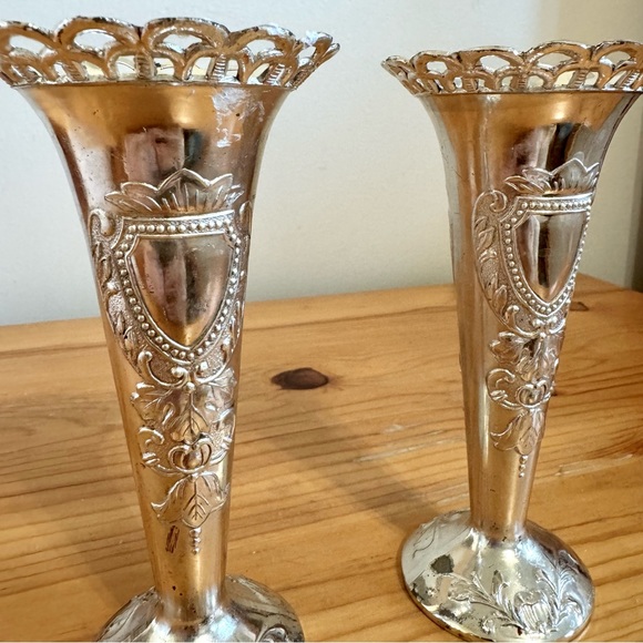 Antique Shreve & Co Silver Trumpet Vase Engaved Filigree Pair Set of 2 - Picture 4 of 6